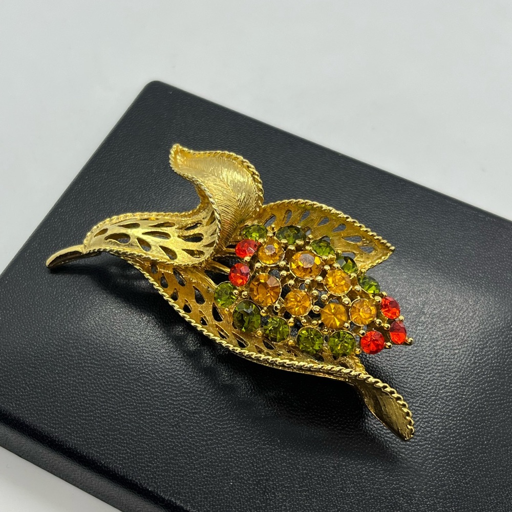 Unsigned Lisner Multi Colored Rhinestone Gold Ton… - image 5